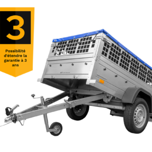 200×106 Gitteranhänger mit blauer Flachplane, Gitterwänden und Stützrad – Garden Trailer 200 KIPP